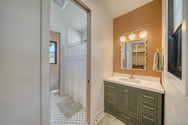 a bathroom with a sink a mirror and a shower