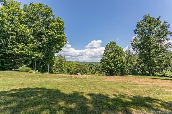 a view of a yard with large trees