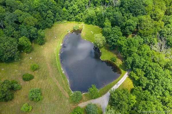an aerial view of a house with a yard and large trees
