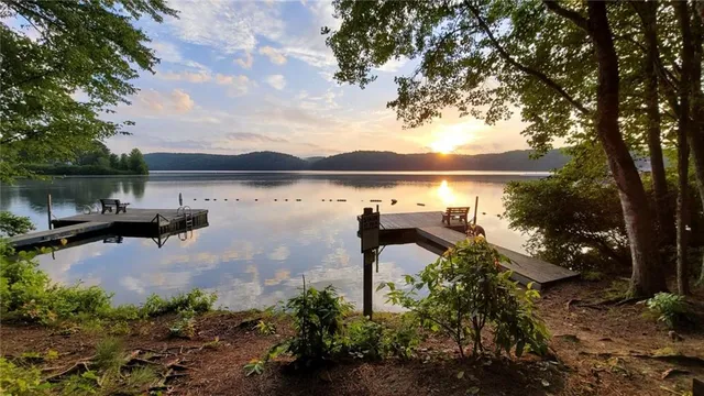 a view of a lake with houses in the back