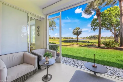 a garden view with a seating space