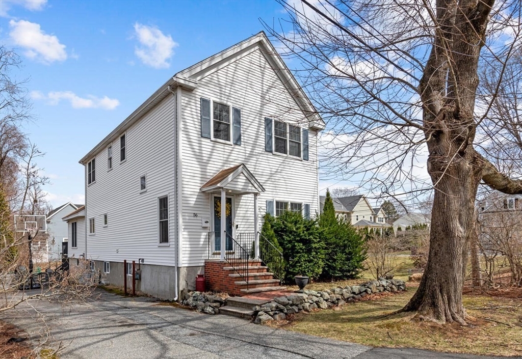 56 Grapevine Avenue Lexington, MA 02421 - Photo 1 of 38 a view of a white house with a large tree center island and potted plants
