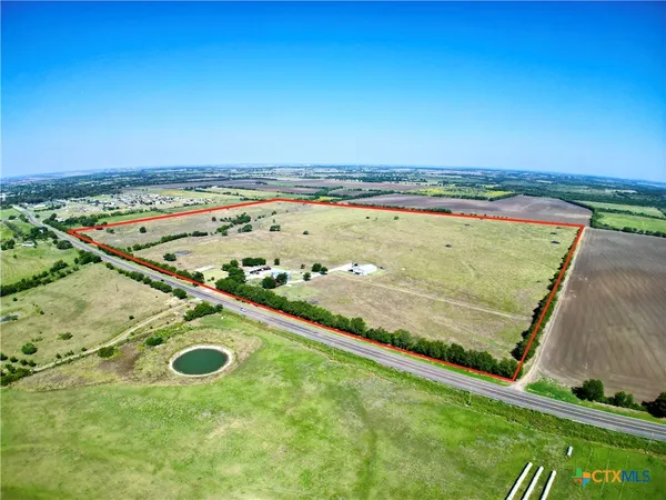 an aerial view of a pool
