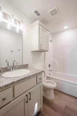 a bathroom with a granite countertop toilet sink and mirror