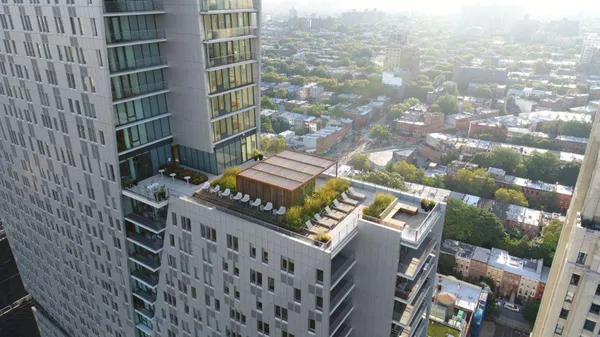 a city view with tall buildings