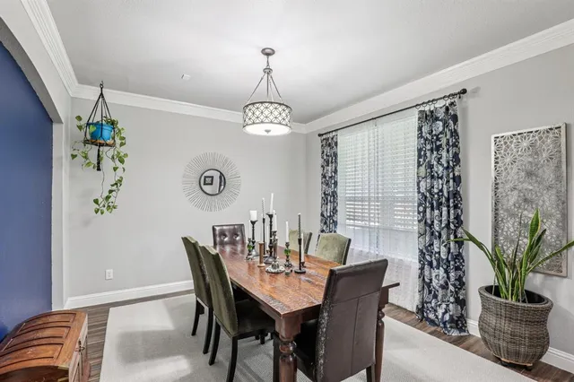 a dining room with furniture potted plants and wooden floor