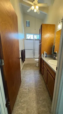 a bathroom with a sink a mirror and a shower