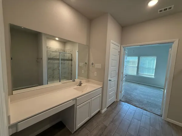 a bathroom with a sink and a large mirror