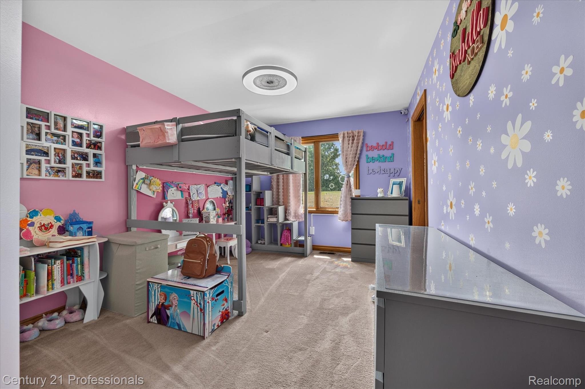 5675 36 Mile Road Romeo, MI 48065 - Photo 41 of 54 Another view! Carpeted room featuring a ceiling fan, a window with wood trim, and a built-in loft bed frame with storage