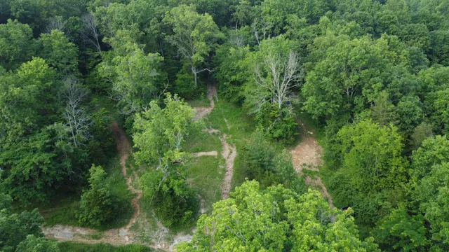 an aerial view of residential house with outdoor space and trees all around