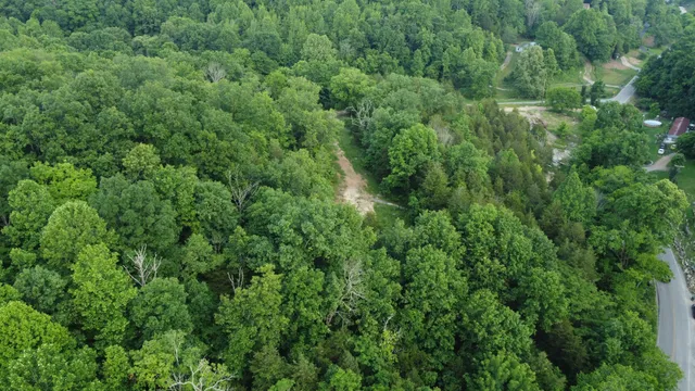 an aerial view of residential house with outdoor space and trees all around