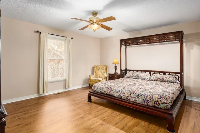 a view of a bedroom with wooden floor and closet