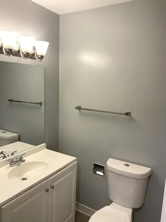 a bathroom with a sink a toilet and mirror