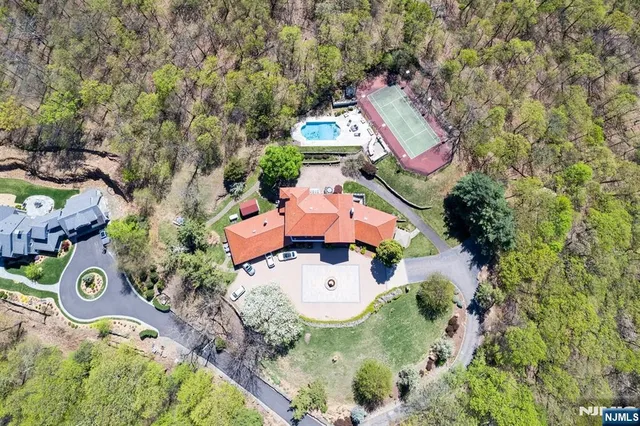 an aerial view of a house with a yard and greenery