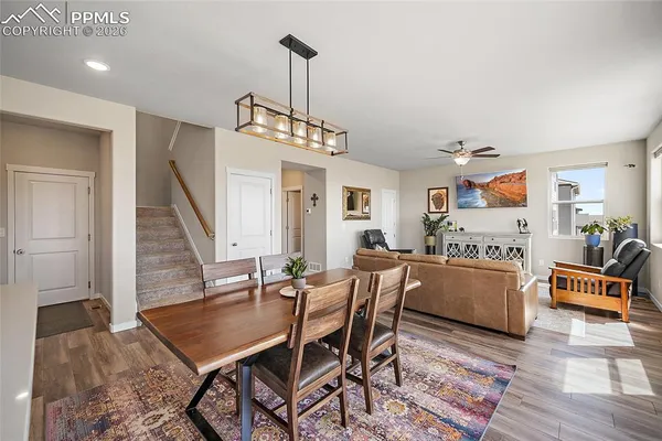 a view of a dining room with furniture