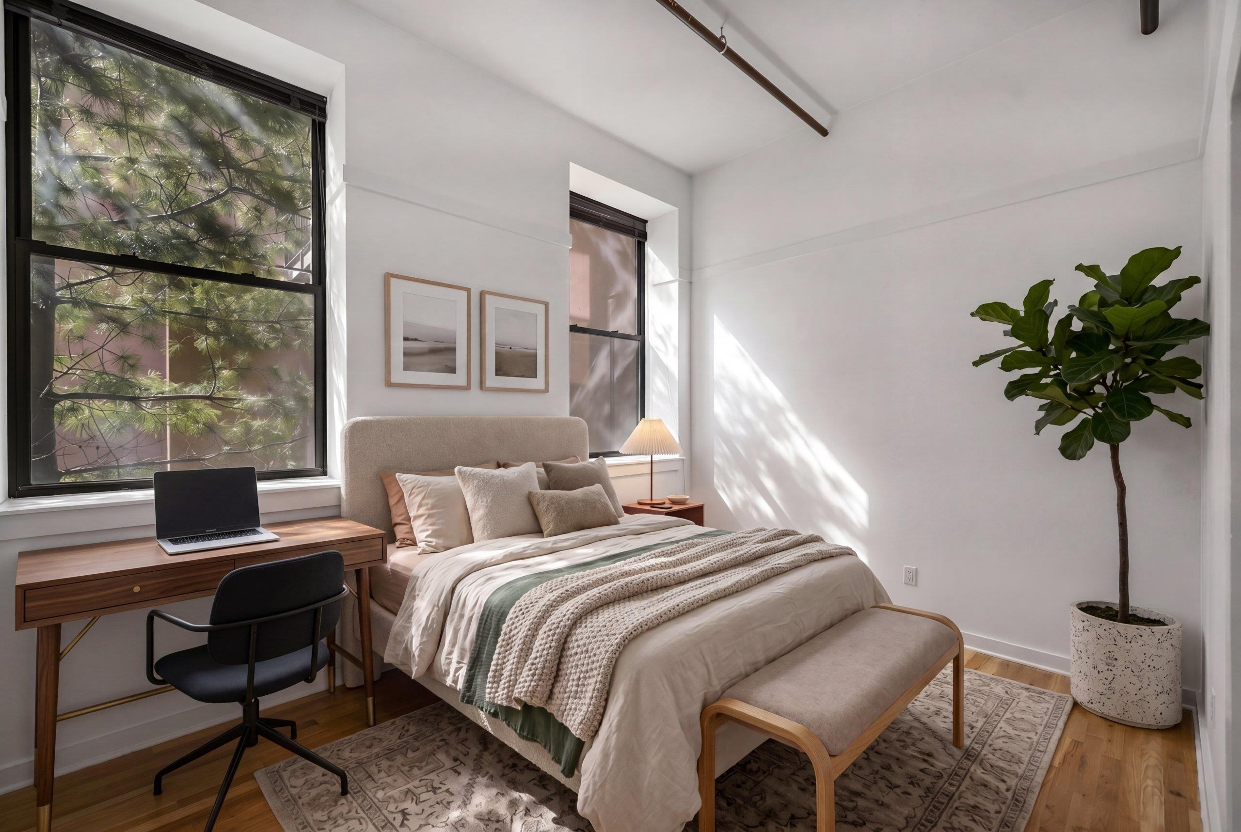 1015 Clinton Street, Unit 204 Hoboken, NJ 07030 - Photo 12 of 22 a bedroom with a bed table flowerpot and window