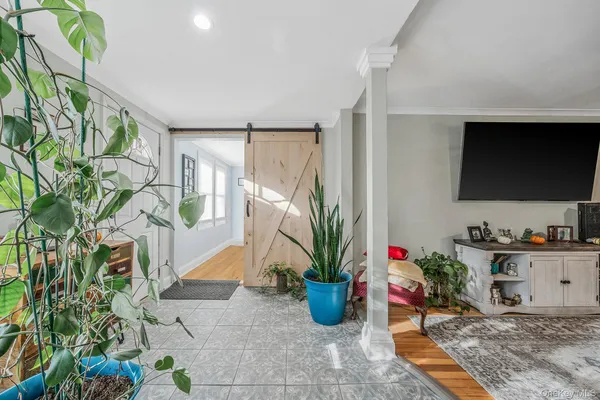a living room with furniture potted plant and a flat screen tv