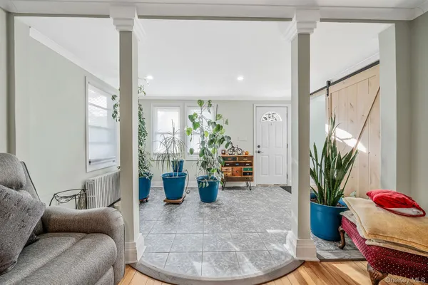 a living room with furniture and potted plant