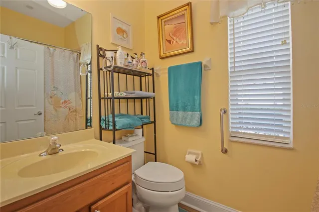 a bathroom with a sink a toilet and shower curtain