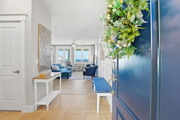 a living room with patio furniture