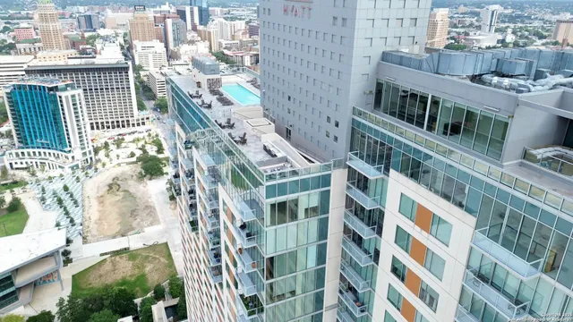 an aerial view of a multi story buildings