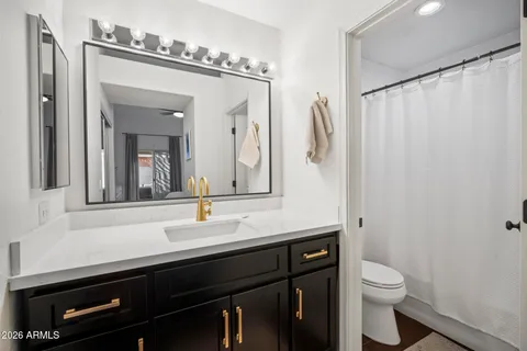 a bathroom with a sink a toilet and a mirror