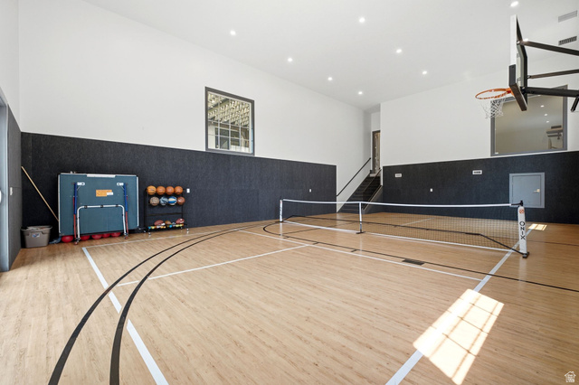 71 Farm Road Midway, UT 84049 - Photo 45 of 92 Indoor multi-sport court featuring wood-finish flooring with court markings, high ceilings, a basketball hoop, and recessed lighting