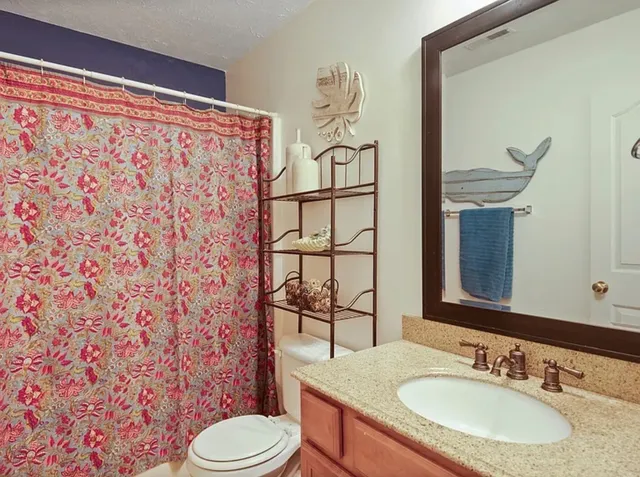 a bathroom with a sink toilet and mirror