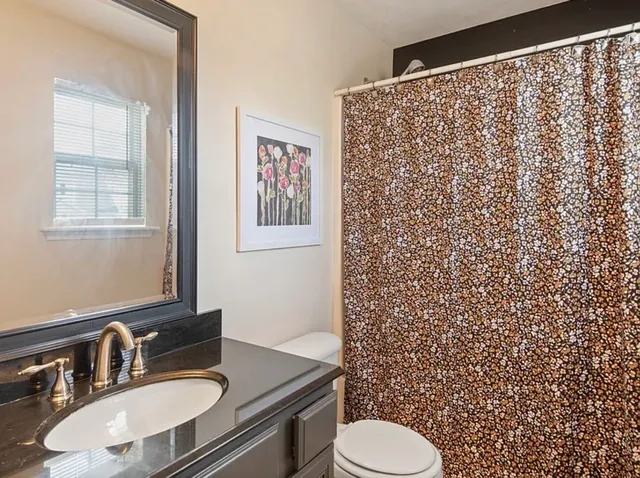 a bathroom with a sink toilet and mirror