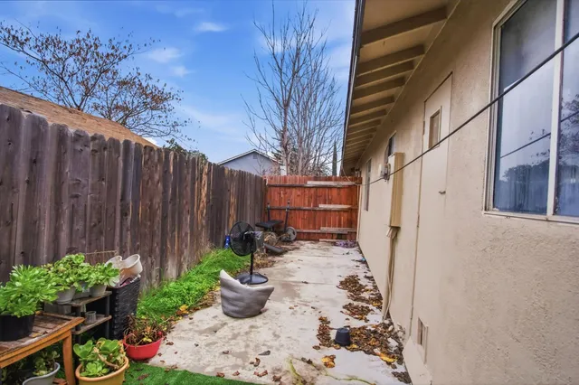a view of a backyard with potted plants