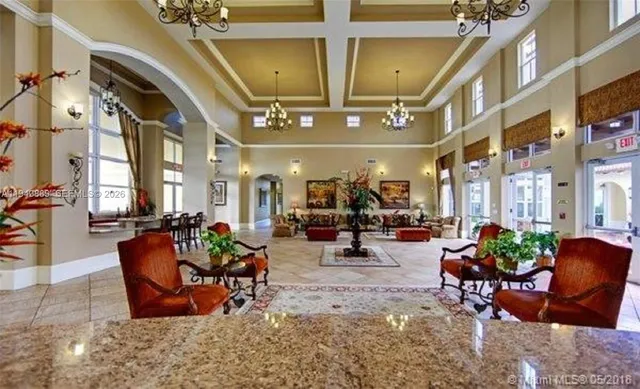 a view of a park with large trees