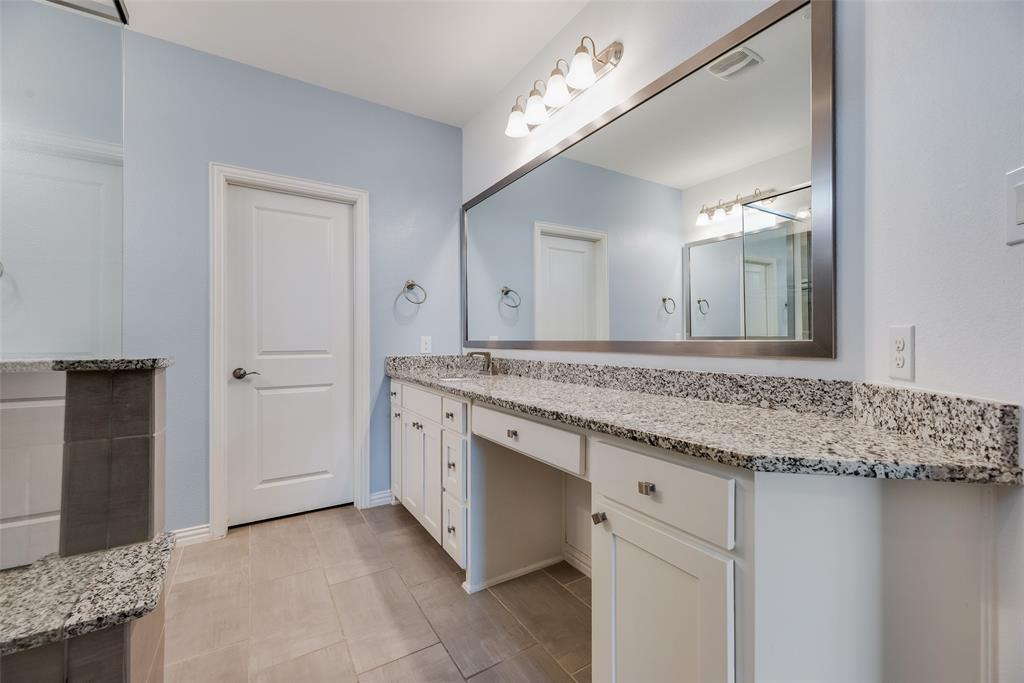 4670 I Rhett Lane, Unit I Carrollton, TX 75010 - Photo 19 of 31 Extended vanity with a granite countertop, undermount sink, and integrated makeup area