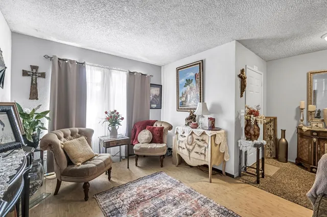 a living room with furniture a rug and a window