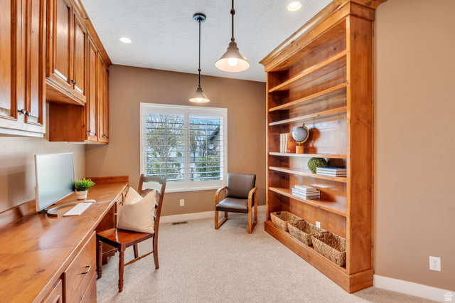 1355 West 1000 South Mapleton, UT 84664 - Photo 24 of 74 Home office featuring light colored carpet, recessed lighting, and a textured ceiling