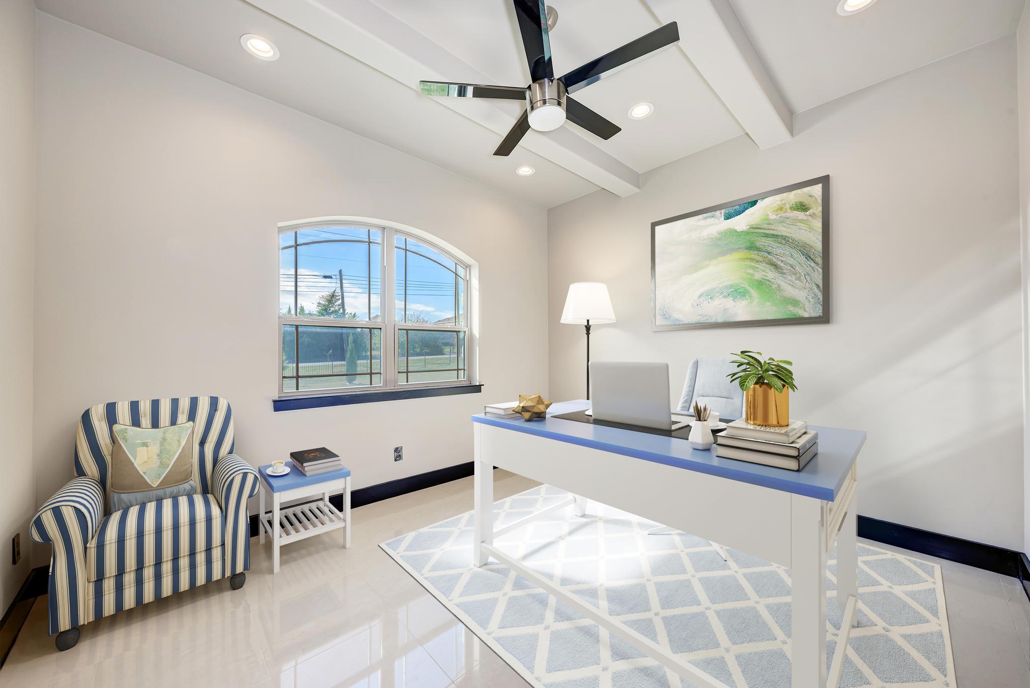 104 Spring Valley Street Hutto, TX 78634 - Photo 19 of 40 Home office featuring beamed ceiling, recessed lighting, and ceiling fan