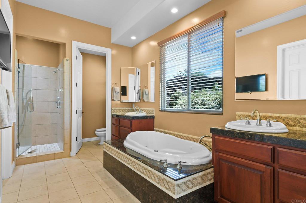 164 Dawn View Way El Cajon, CA 92021 - Photo 25 of 38 a bathroom with a granite countertop sink a toilet a mirror and shower