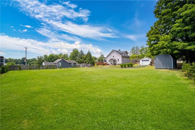 a view of a field of grass and trees