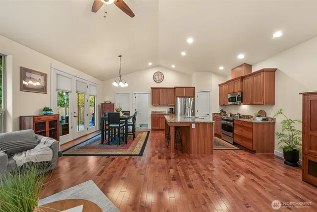 a kitchen with stainless steel appliances lots of counter top space