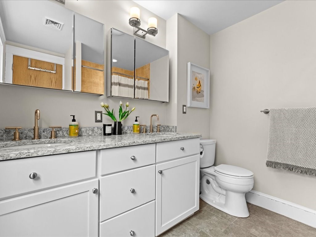 55 Coolidge Road Arlington, MA 02476 - Photo 25 of 42 a bathroom with a granite countertop sink a toilet and mirror
