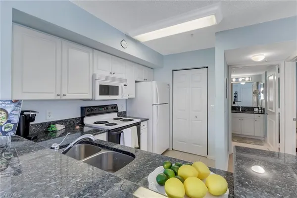 a kitchen with stainless steel appliances granite countertop a sink and a refrigerator