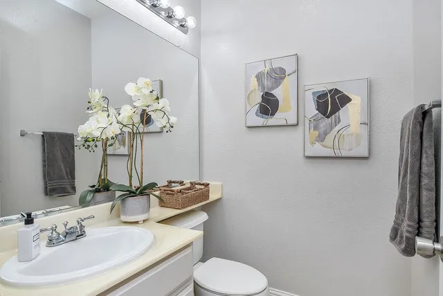 a bathroom with a sink a toilet and mirror