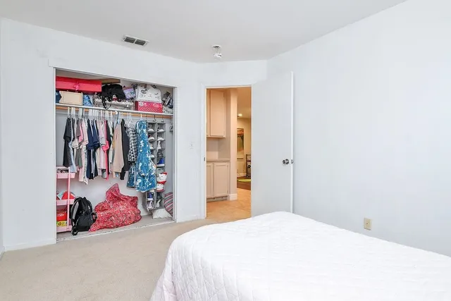 a bedroom with a bed and closet