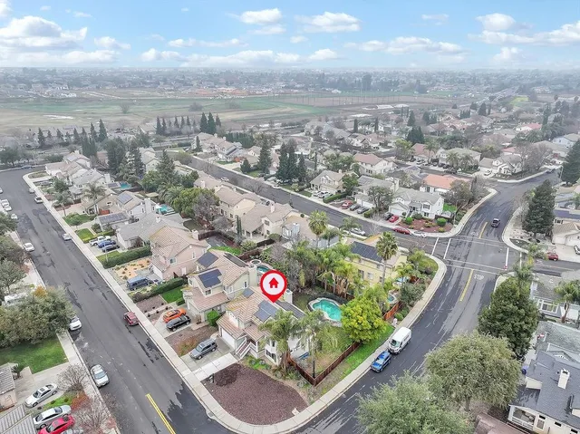 an aerial view of a and a yard