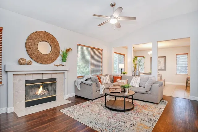 a living room with furniture and a fireplace