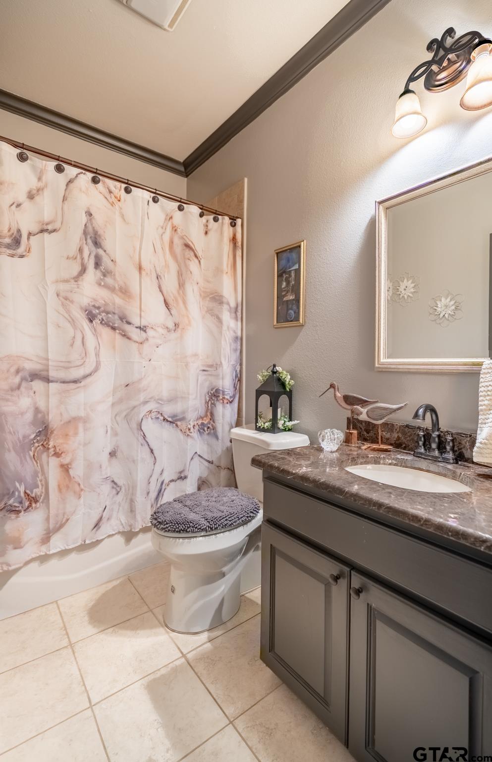 13307 Dustin Road Troup, TX 75789 - Photo 22 of 38 a bathroom with a granite countertop sink a toilet and a mirror