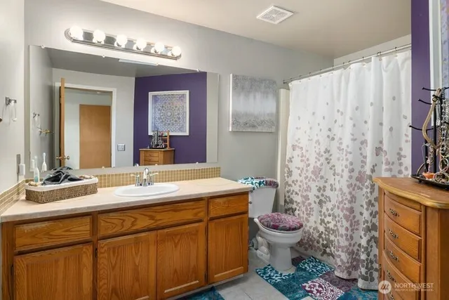 a bathroom with a granite countertop sink toilet and mirror