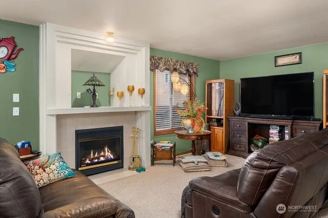 a living room with furniture a flat screen tv and a fireplace
