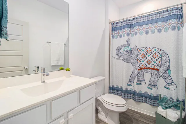 a bathroom with a sink toilet and shower