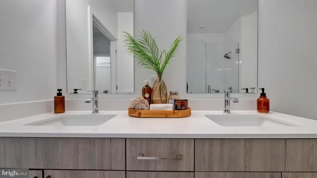 a bathroom with a sink a potted plant and a window