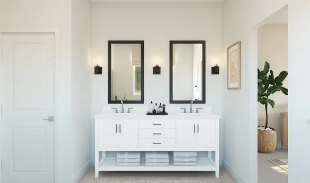 a bathroom with a double vanity sink and a mirror
